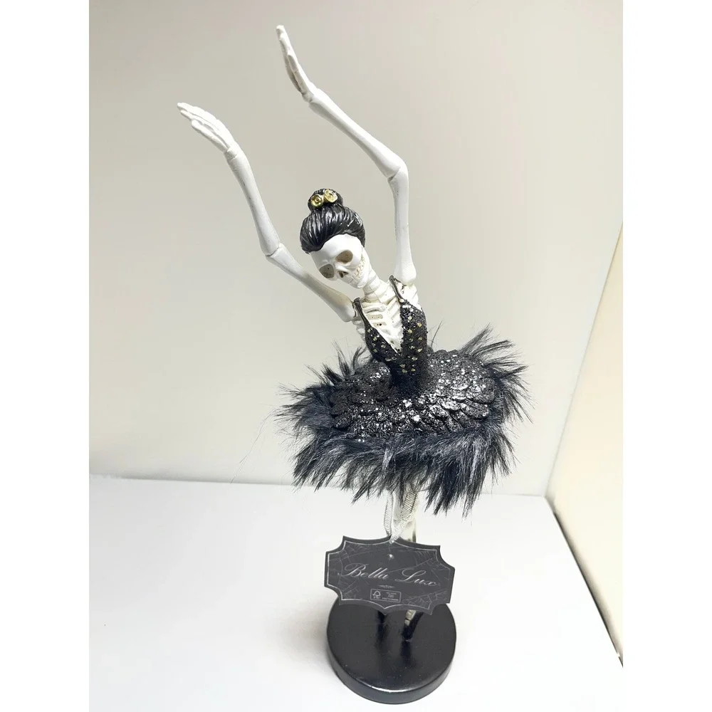 Bella Lux Skeleton Ballerina Halloween Decor Black Feather Tutu Gothic Figurine